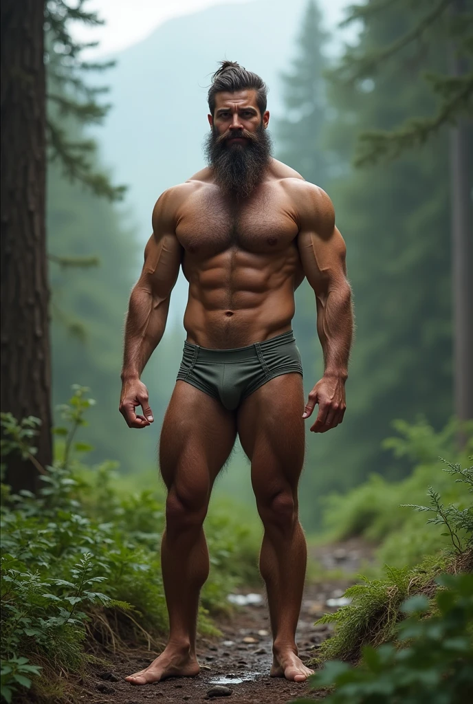 a hairy man, well-built, virile, robust and attractive in jockstraps and barefoot, standing in a mountain forest with no shoes on and a mischievous smile