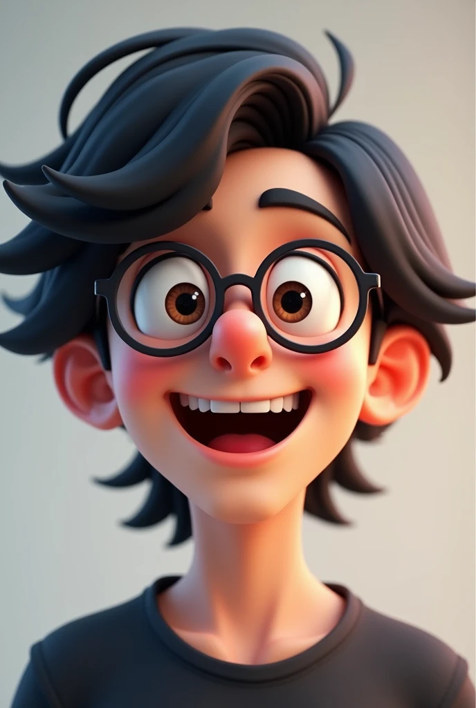 avatar for twitch boy long wavy hair with bangs , with round black glasses, laughing animated anime eyes black color
