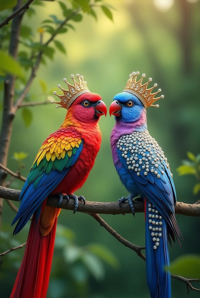 A very beautiful colourful 4K birds pairs which is chirping and speaking, its feathers are studded with diamonds and pearls. On its head is a crown of gold, silver and diamonds and pearls, a long tail adorned with colorful spots, perched on a branch with a blurred green forest background, romantic
