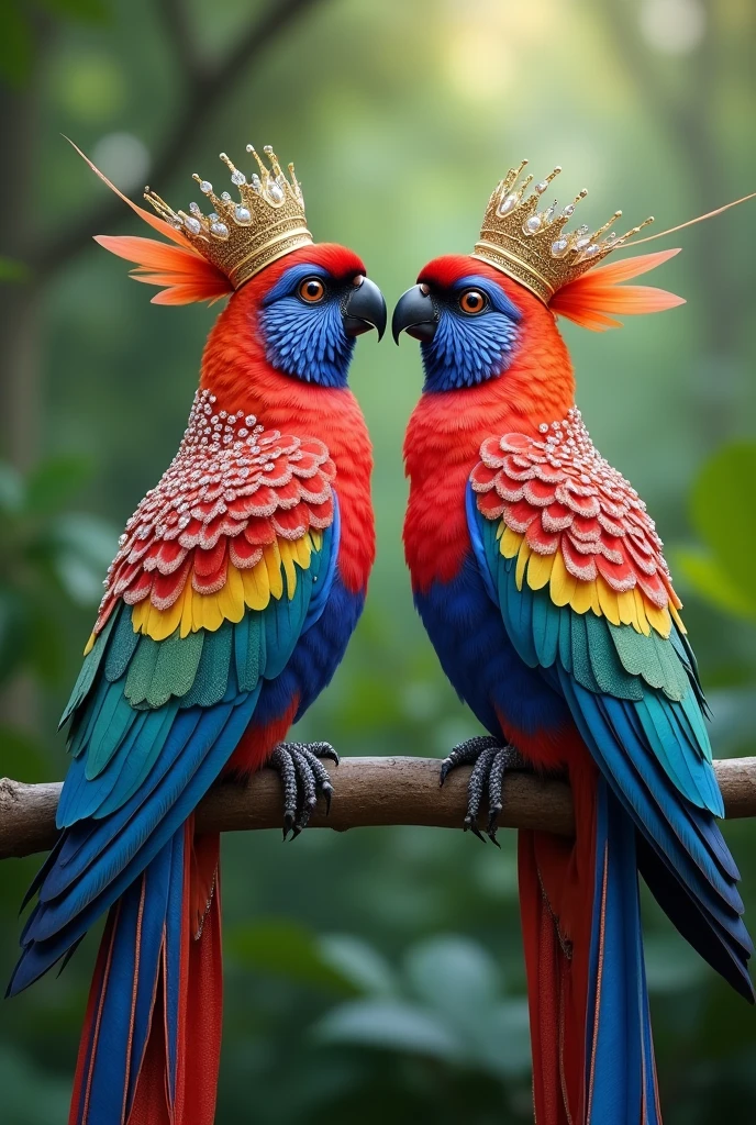 A very beautiful colourful 4K birds pairs which is chirping and speaking, its feathers are studded with diamonds and pearls. On its head is a crown of gold, silver and diamonds and pearls, a long tail adorned with colorful spots, perched on a branch with a blurred green forest background, romantic