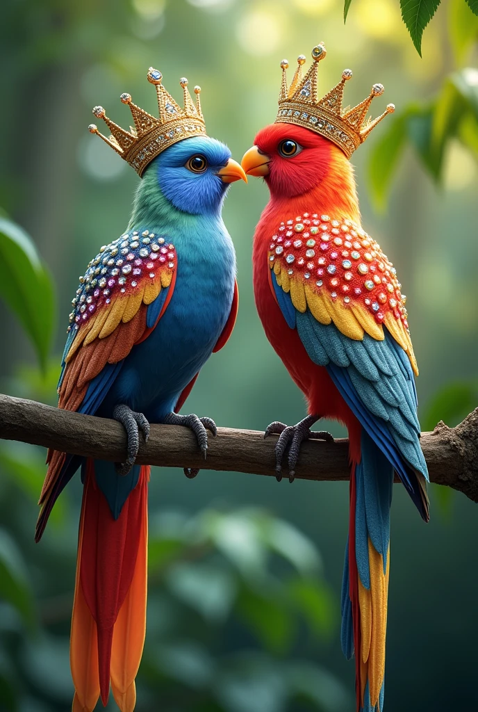 A very beautiful colourful 4K birds pairs which is chirping and speaking, its feathers are studded with diamonds and pearls. On its head is a crown of gold, silver and diamonds and pearls, a long tail adorned with colorful spots, perched on a branch with a blurred green forest background, romantic
