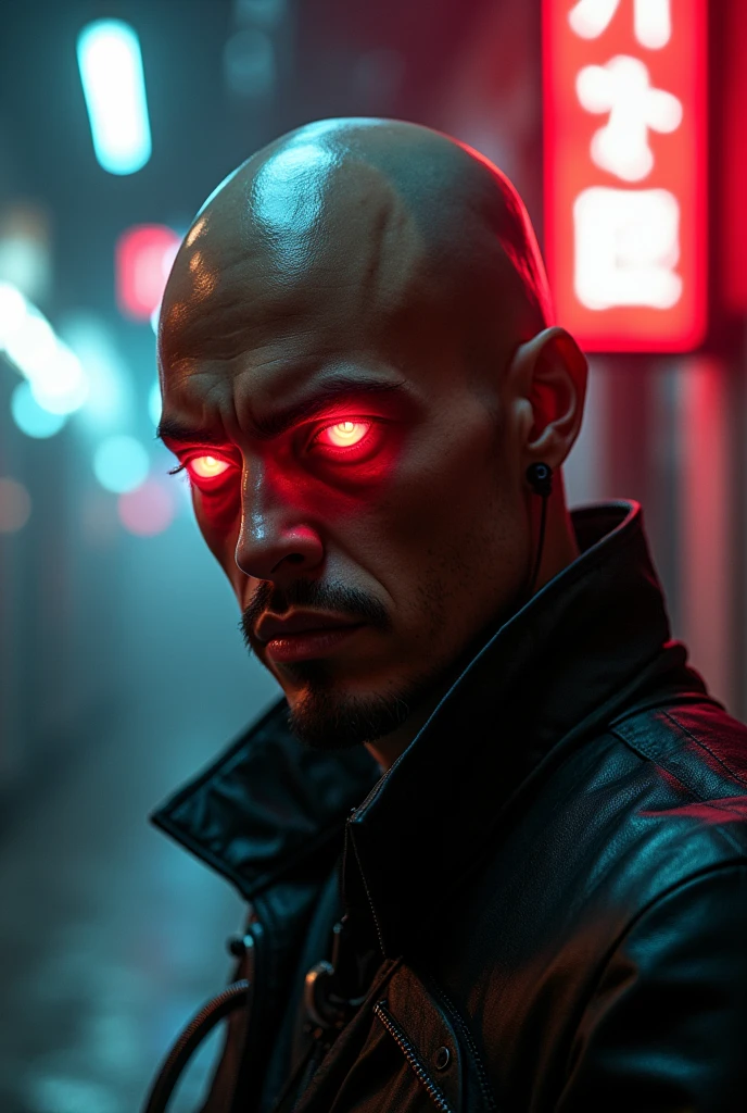 a bald latino man, cyborg, multipl red cyberwar eyes, cyberpunk, detailed face, detailed skin, sharp features, scifi, intricate details, cinematic lighting, moody lighting, dramatic lighting, dark shadows, neon lights, gritty, moody, high contrast, best quality, 8k, hyper detailed, photorealistic, masterpiece
