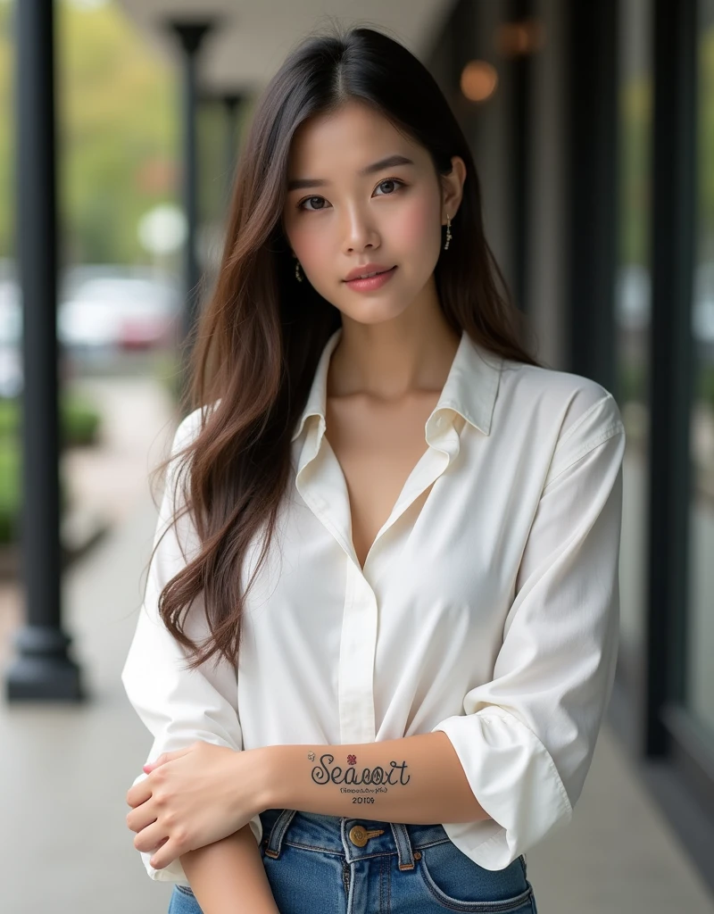a realistic image of a woman with a natural and sophisticated appearance, as if it were a photograph. She should be standing in a well-lit environment., perhaps outdoors in a park or in a modern, stylish space. The woman has dark brown hair, smooth and long, and is dressed in a simple white blouse and blue jeans. in the focus of the image, the tattoo on her wrist is visible, with the SeaArt logo detailed and clearly visible. The tattoo should look realistic, with sharp details and an authentic appearance, matching the woman's skin tone. Lighting should highlight the tattoo without creating harsh shadows., and the background should be neutral to keep the focus on the tattoo and the woman.