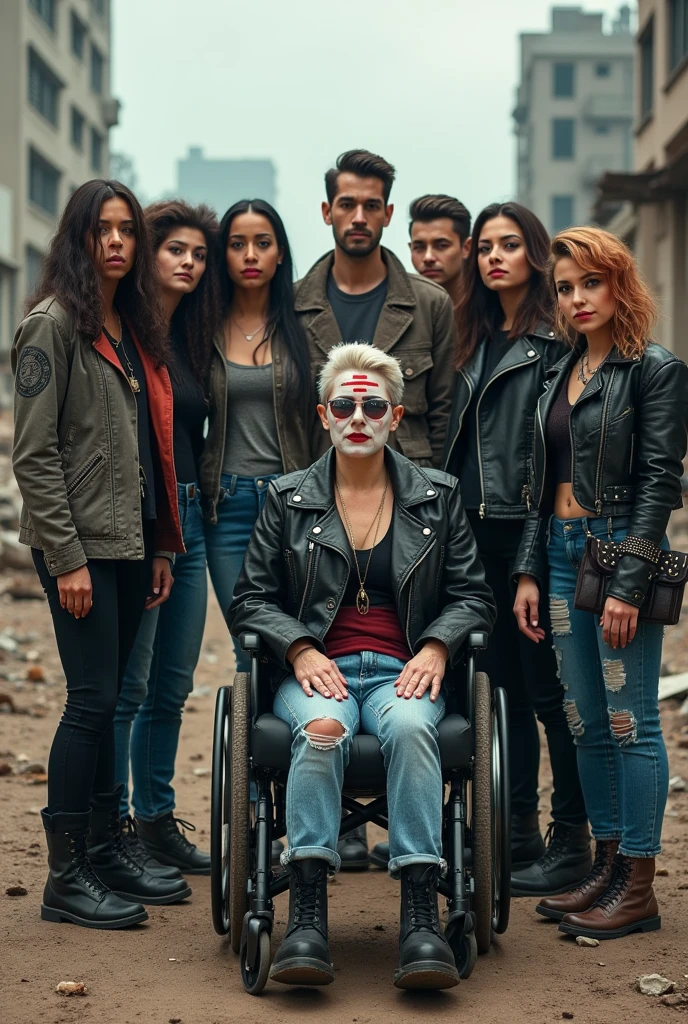 a group of 19 people with different ethnicities, heights, being between 18 and 2, one of them being a woman in a wheelchair. the drawing should show them all wearing punk and grunge style clothes. with makeup on the eyes and face. one of them must have his face painted white with red stripes. In the drawing, everyone must appear posing as if they were models, they have to look like they just survived the end of the world. in the background a post-apocalyptic scenario. the photo must be in the proportion 16 by 9