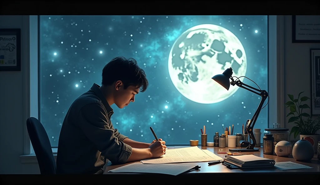 An image of someone working on a detailed plan or project with celestial imagery in the background. The scene should be dynamic, showing the merging of practical and cosmic influences, with the moon providing a guiding light. --ar 16:9