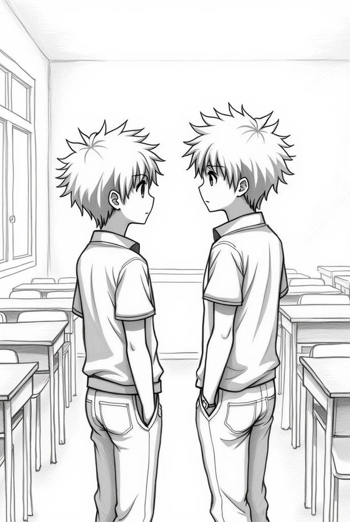8k, pencil drawing, lineart,sketch, base sketch, anime, classroom, classroom perspective from the side, boy looking at each other from across the room, image perspective from the side