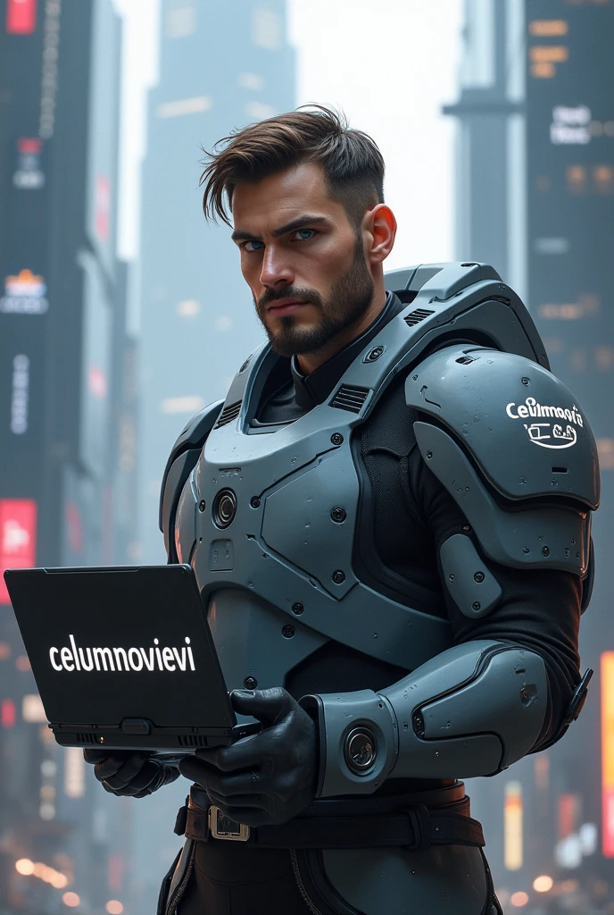Young man with brown hair, blue eyes, 95 kilos fat, round face without beard, wearing gray armor and with a laptop that says celumarmovil.com, in the background a futuristic city