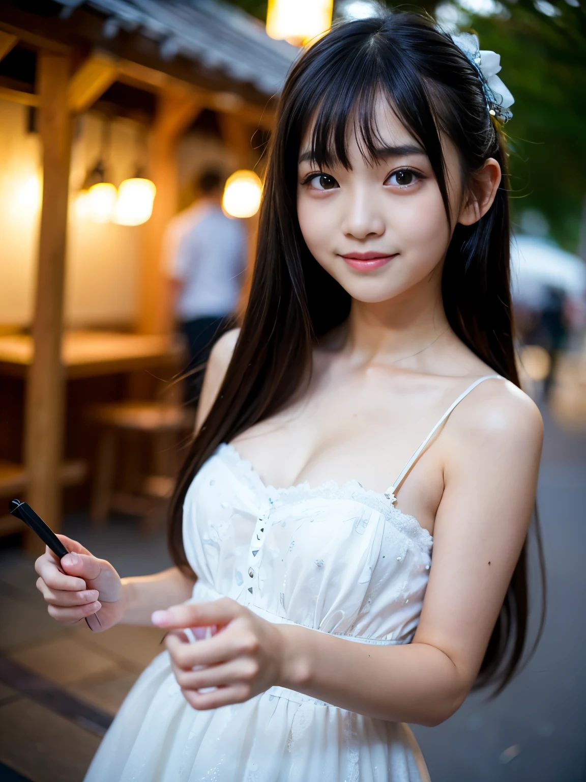 (Best-quality, Masterpiece, Ultra-High-Resolution, (Photorealistic:1.4), Raw Photo, depth of field, professional lighting, perfect anatomy, extremely details), 1girl, -yeld, thost famous Japanese-idol, having fun at party, wearing cute-lacy casual-dress with cute-design, looking at viewer, innocent-smile, (((extremely beautiful and extremely realistic skins))), (((extremely big black-eyes))), black-long-hair, long-eyelashes, most-lips, childish body