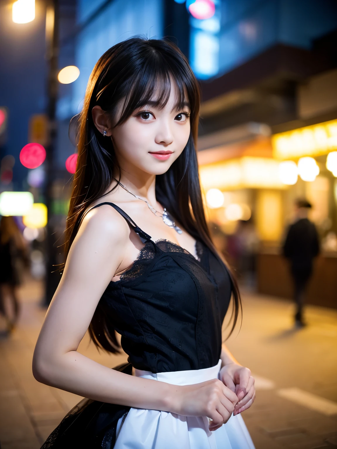 (Best-quality, Masterpiece, Ultra-High-Resolution, (Photorealistic:1.4), Raw Photo, depth of field, professional lighting, perfect anatomy, extremely details), 1girl, 12-years-old, the most famous Japanese-idol, having fun at party, wearing cute-lacy casual-dress with cute-design, looking at viewer, innocent-smile, (((extremely beautiful and extremely realistic skins))), (((extremely big black-eyes))), black-long-hair, long-eyelashes, most-lips, childish body