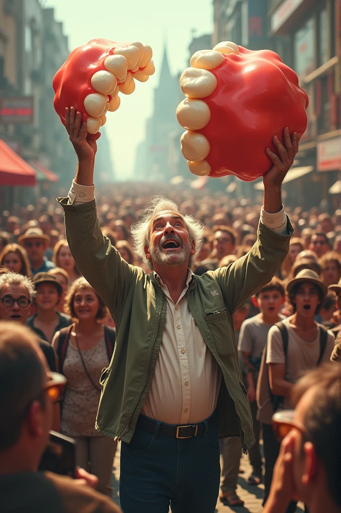 Man pointing and showing a large denture to the people