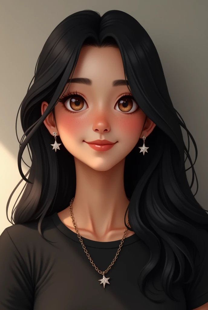 generate a portrait of a realistic young woman, long black hair with brown eyes, with freckles on his face. with a friendly smile, with star earrings and necklace, with a black t-shirt