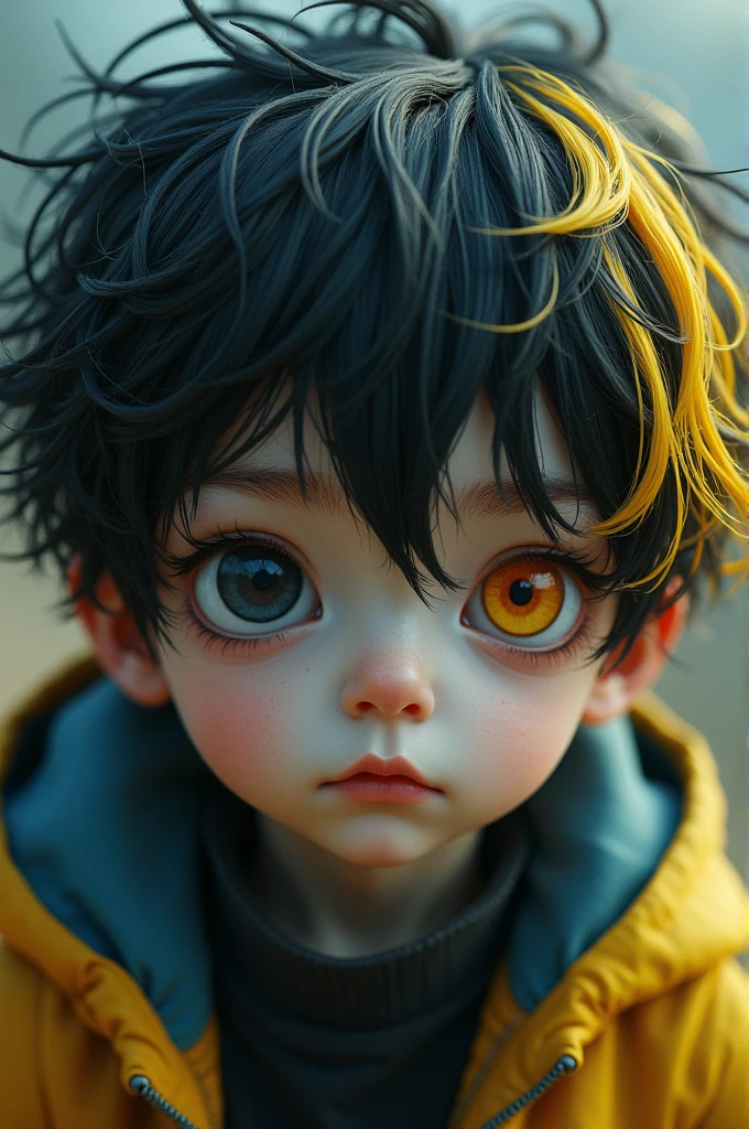 a 1 boy with black and yellow locks,with the sclera of the right eye yellow, with red pupil,with the left eye with a white sclera and a black pupil and shaped like a cat