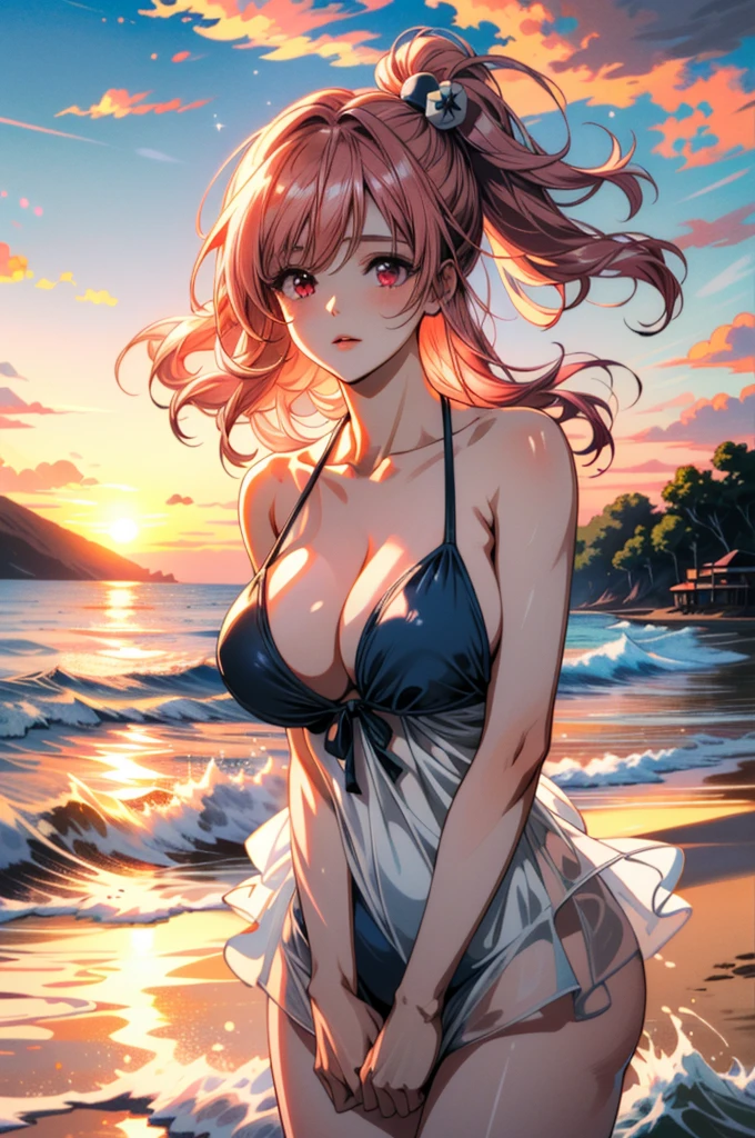 ((ultra detailed, masterpiece, best quality))
 DOA Honoka, 1girl, solo, wearing a sky blue color microkini swimsuit, pink hair, , On a beach during a vibrant sunset, sundress, playing with the waves