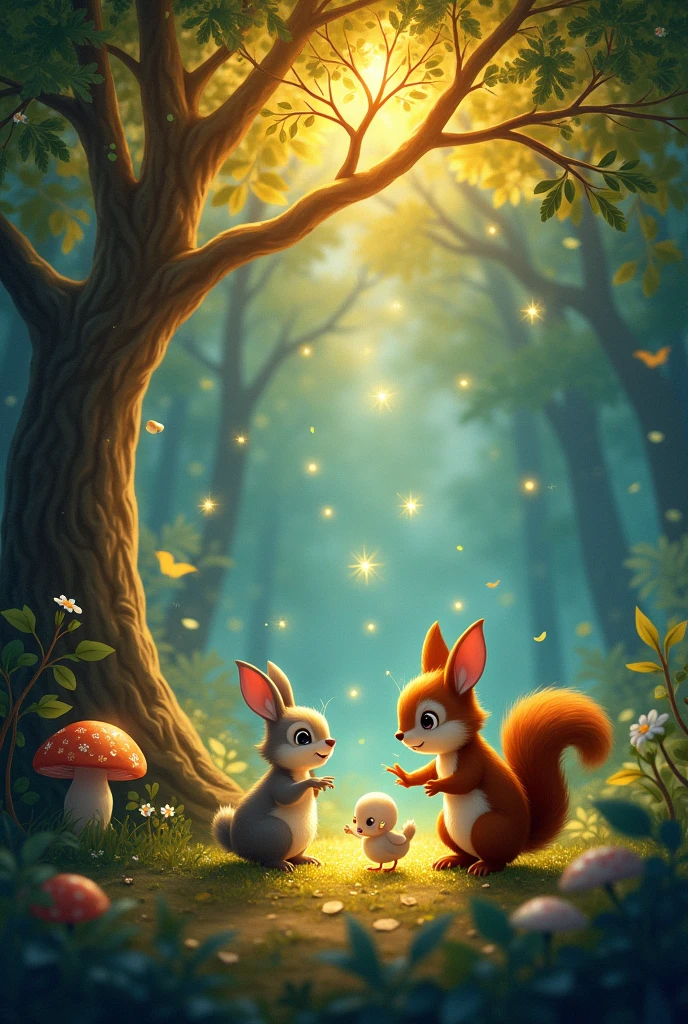 a squirrel a rabbit a little bird a golden tree with branches that look like stars an enchanted forest