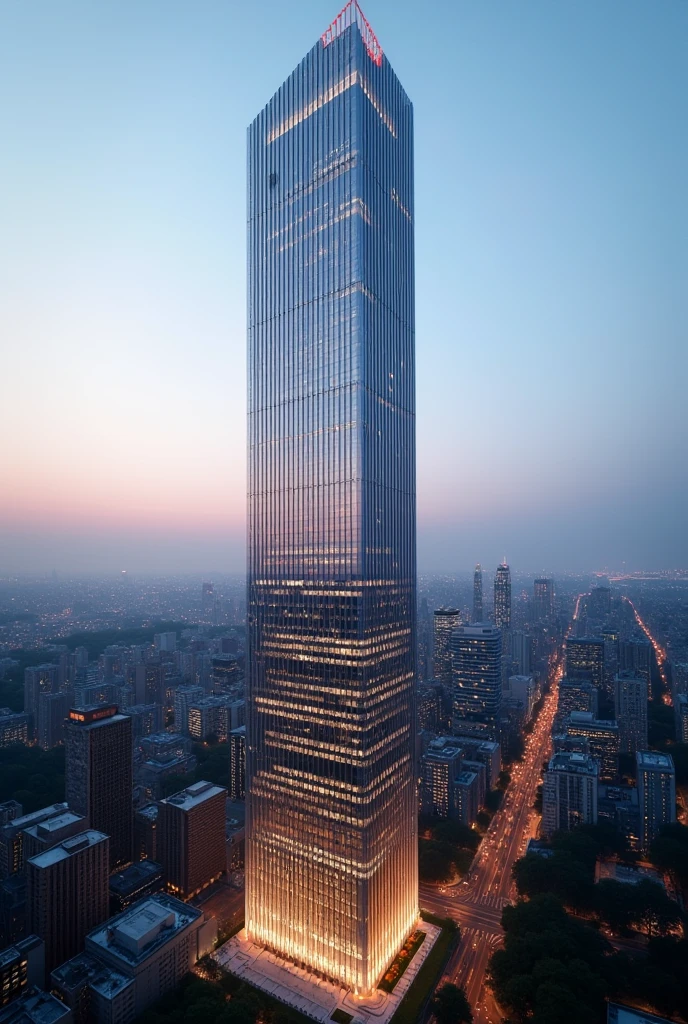 Make a 130 story skyscraper in NYC that has huge windows and that has long tiles that light up at night. Make it thinner and make the top into a pyramid like shape(only the top though). Make it more thinner and make sure the antenna at the top is a different shape and color. Make it in a corner and do NOT make it look like the Empire State Building. Give a unique shape that the top looks like a pyramid. Make it face Central Park