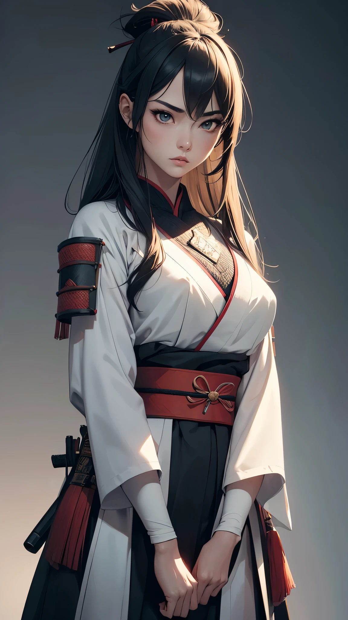 a beautiful 1 female samurai, extremely detailed and realistic, slender and flexible body, long legs, detailed oval face, beautiful detailed eyes and slightly plump lips, samurai stance, arms raised with katana sword, (best quality,4k,8k,highres,masterpiece:1.2),ultra-detailed,(realistic,photorealistic,photo-realistic:1.37),portrait,concept art,dramatic lighting,muted color palette,cinematic