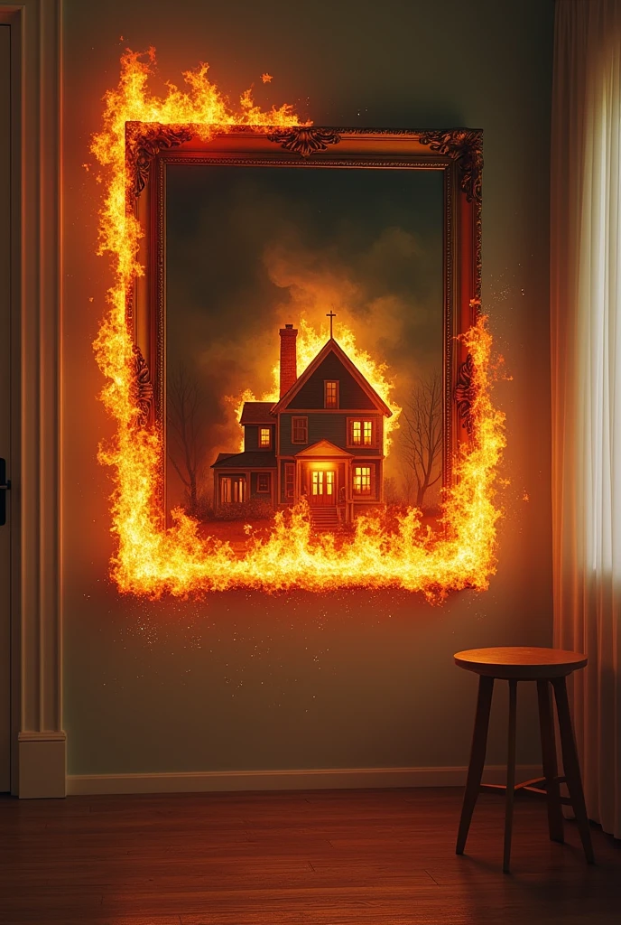 A wall of a room with a beautiful white curtain on it, and on the wall hangs a large picture with a brown frame, in the picture you see a burning house, and the fire comes out of the picture, and burns the picture frame, and the fire comes out of the picture frame into the room.