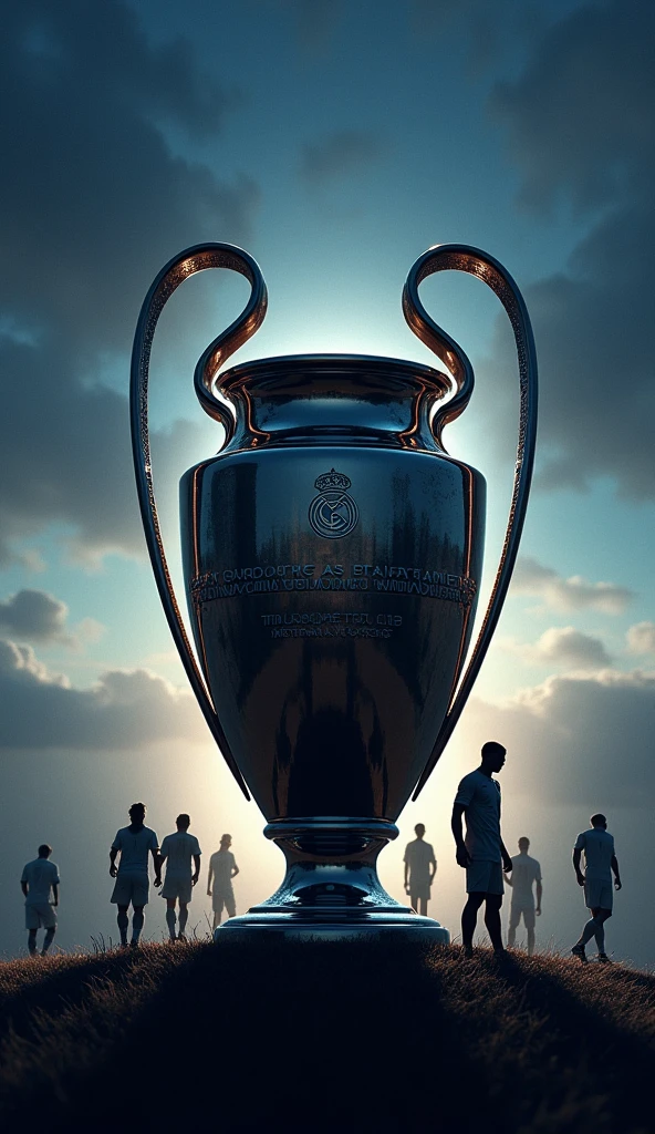 The picture is of the emblem of Real Madrid football club, which is shaped like the UEFA Champions League trophy. Players such as Cristiano Ronaldo, Sergio Ramos, Luka Modric, Toni Kroos, Didier Drogba, and Zinedine Zidane are depicted on it as shadows.