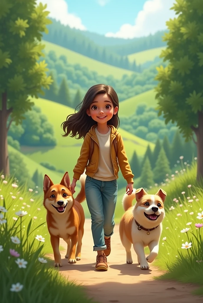 Generates the image of a girl walking 3 dogs