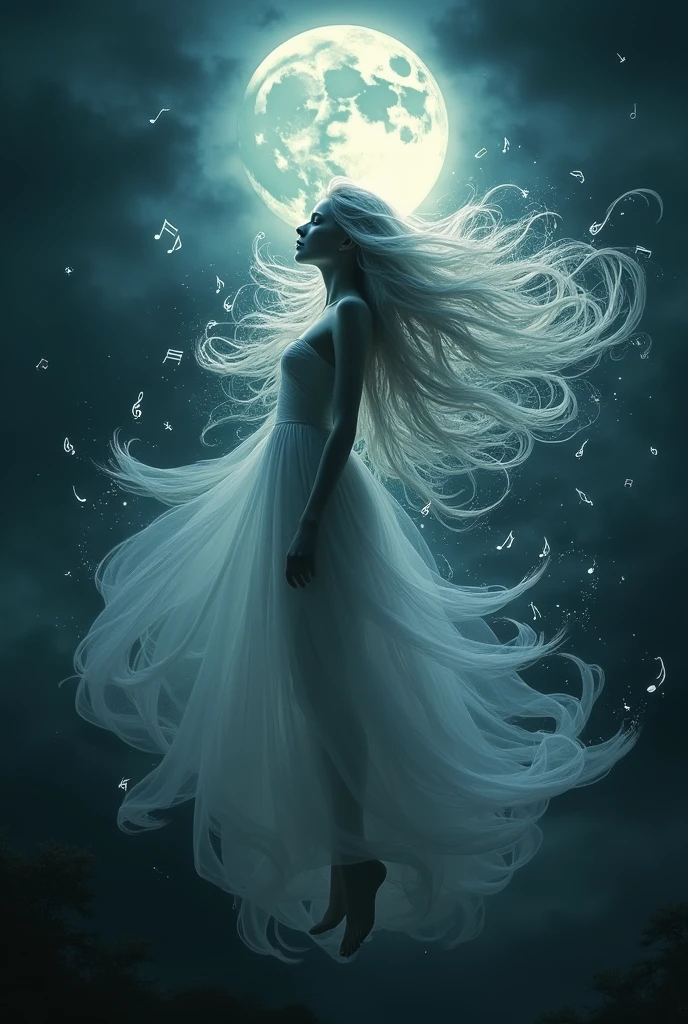 Woman with hair made of music flying from her hair, with the transparent aura, under the dark moon
