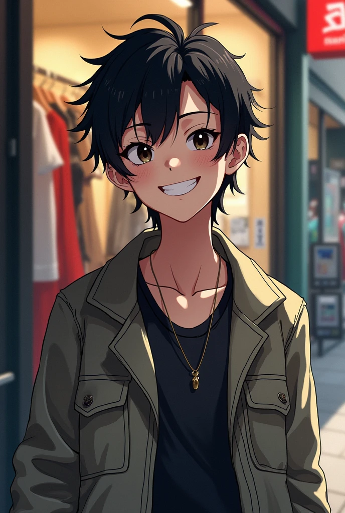  off , curtain , short black hair, Grinning , perto off uma loja off roupas
