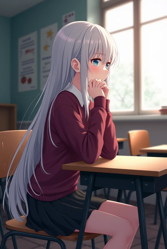 a teenage girl, light blue eyes,long white hair,burgundy sweater,black skirt,sitting alone at the desk in the corner of a classroom and looking out the window with a bored face, anime/manga