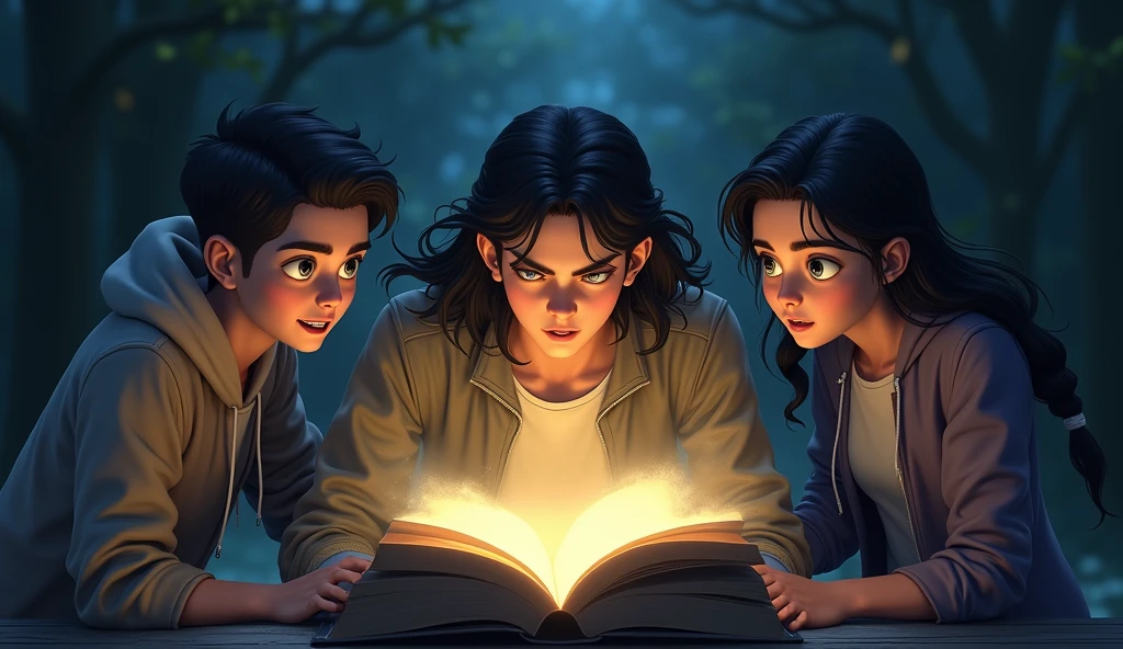realistic 1 male young adult with hair down pull another male young adult and 1 female young adult to walk backward from a book that glow so bright in the middle of the night outside in the path