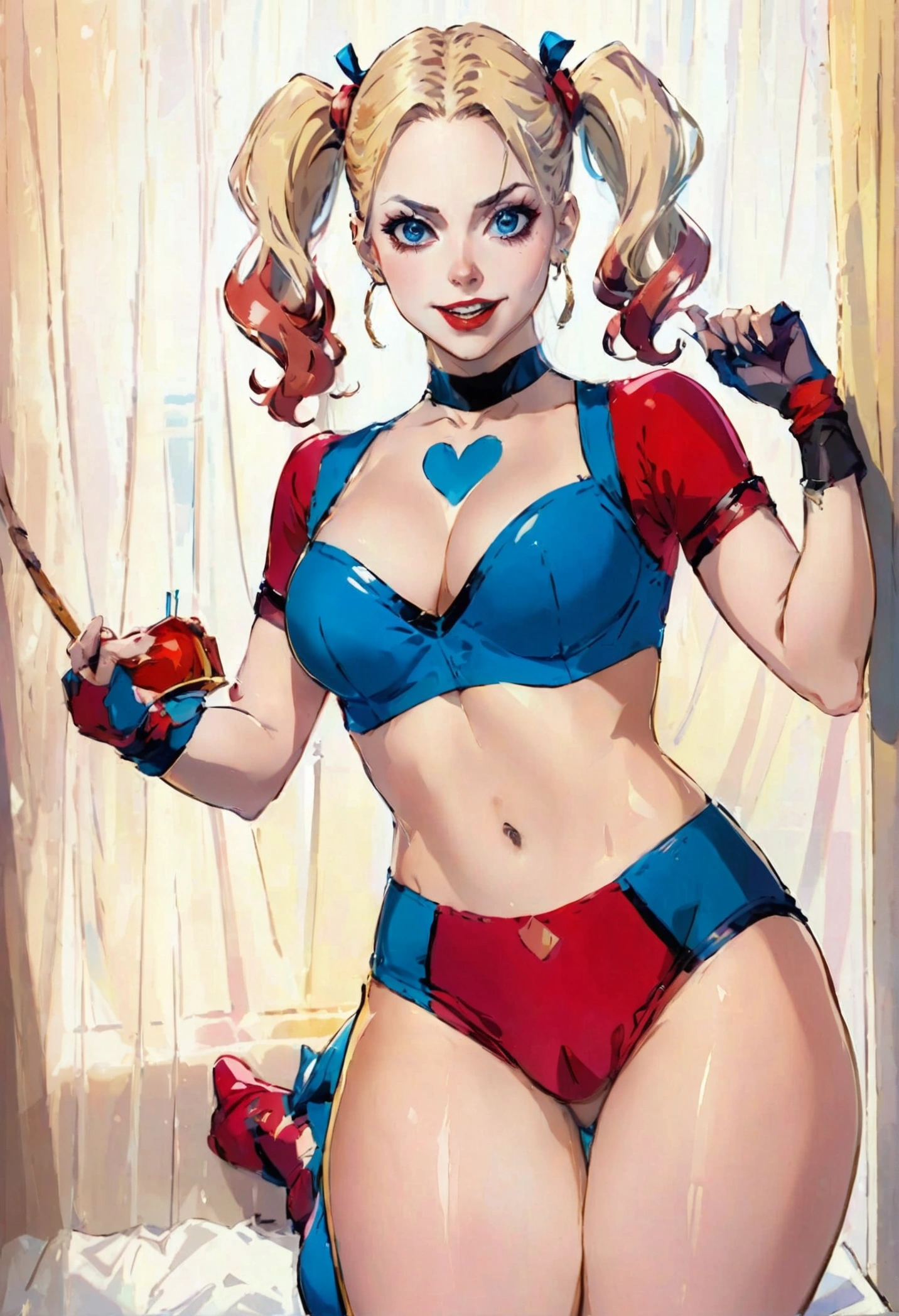 Erotic Harley Quinn wearing only red and blue panties, very sexy, thick thighs, big breasts, tight clothing, transparent clothing, cleavage 
