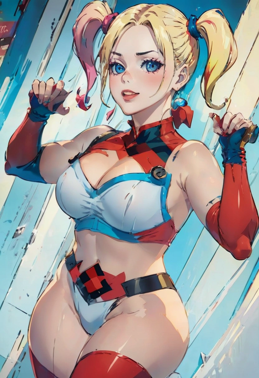 Erotic Harley Quinn wearing only red and blue panties, very sexy, thick thighs, big breasts, tight clothing, transparent clothing, cleavage 