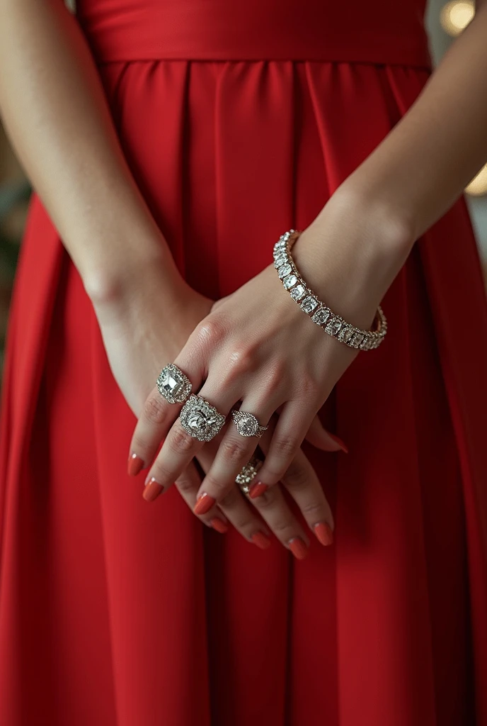 girl in red dress wearing
expensive jewelries, bracelet, neckless, rings. etc.