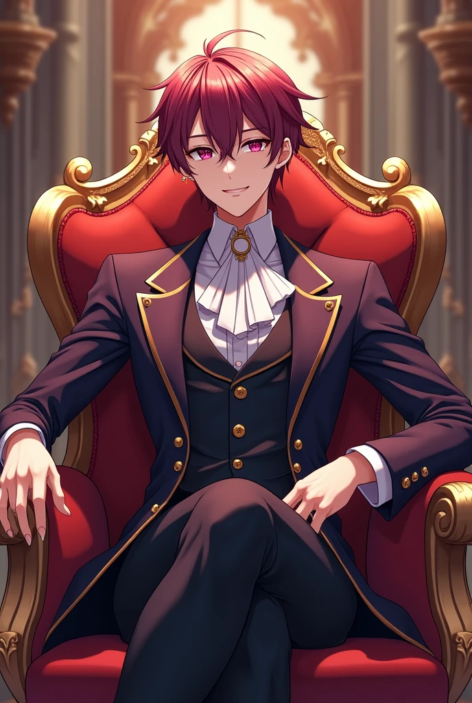 Bel homme. Cheveux violet rougêatre court qui cache le front. Yeux en amande couleur lila. Long cils. Sourcils noirs. Anime. Vêtements riche. Expression neutre. Cravate. Assis jambes croisés dans un palais royal. Prince. Adolescent.
