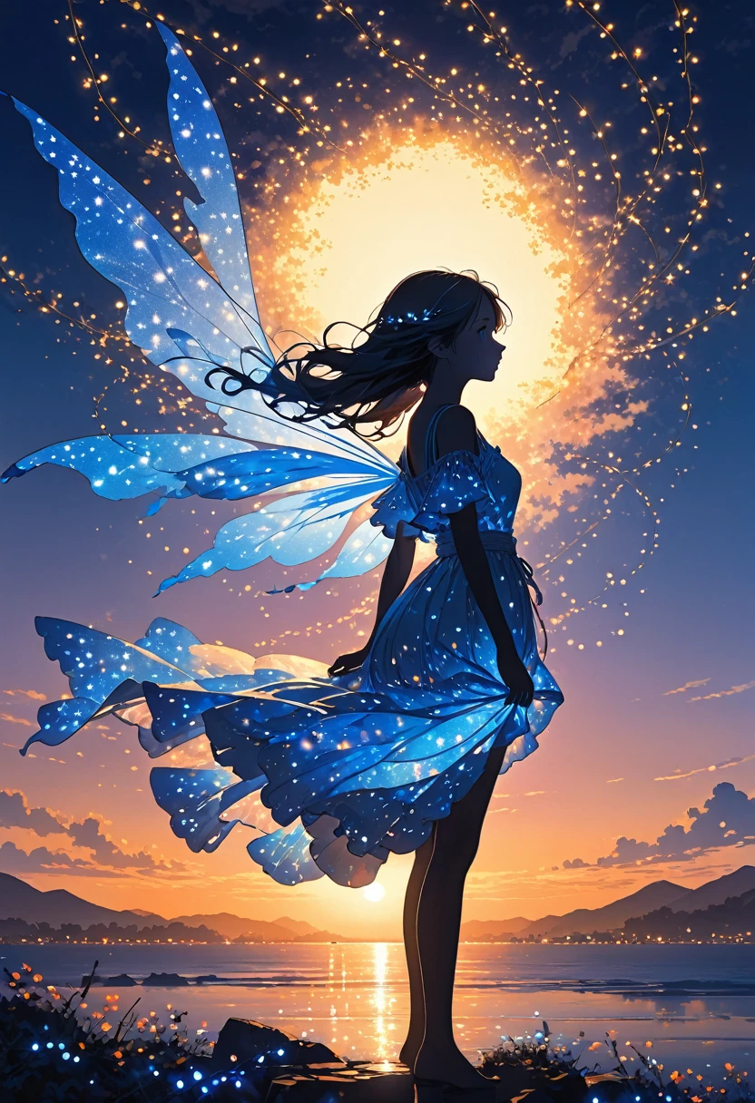 The image depicts a silhouette of a girl standing against a stunning sunset background. The sky transitions from a deep White, near the horizon to a deep Electric blue as it ascends. The figure appears to be enveloped in a series of tiny glowing fairy lights, some of which are illuminated, creating a stunning and captivating contrast to the dark silhouette. The figure appears to be holding out one arm, perhaps adjusting to or interacting with the lights. The overall mood of the image is peaceful and magical.