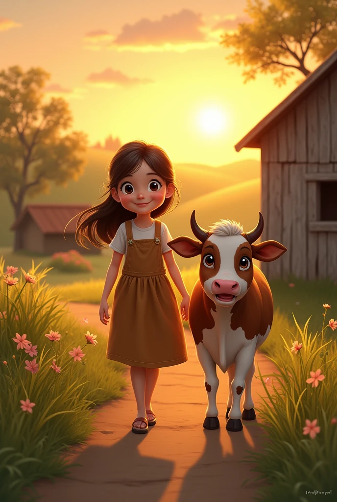 Girl walking next to a cow in the barn:The girl smiling as she guides the cow along the path back home at sunset, with the hill and the shed in the distance.