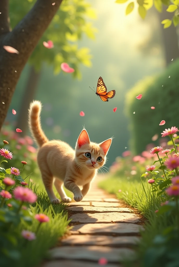 In a beautiful garden there is a cat that is chasing a flying butterfly.