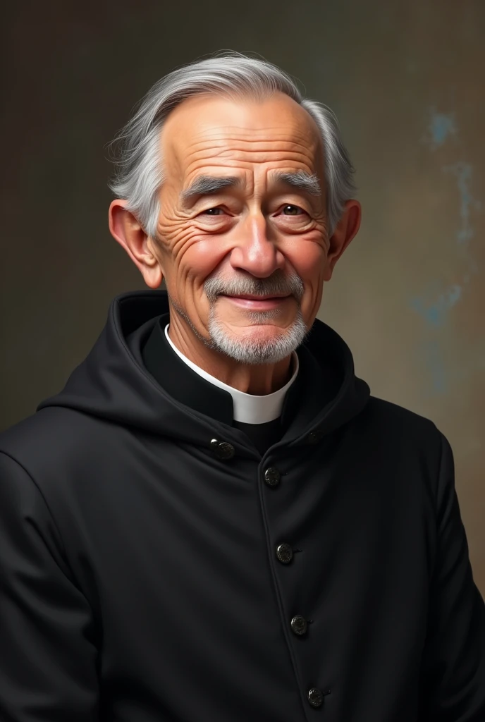 AGE: Around 70 to 80 years old.
face: oval, with a serene and kind expression. She has fair skin that shows signs of aging., like soft wrinkles around the eyes and mouth. His face reflects wisdom and compassion.
hair: Gray-haired and thin, with some bald spots visible on top. His hair is short and combed back., in an orderly manner.
eyes: Small and deep, with a calm gaze.
eyebrows: Gray and thin, slightly arched.
nose: Straight and medium sized, well proportioned with the rest of her face.
boca: Thin-lipped, with a kind and reassuring smile. The lips show some lines that indicate their experience and age..
voice: Facial expression should convey warmth and serenity.
outfit: He wears a black cassock, traditional of the priests, with a visible white collar. The cassock is simple and unadorned., reflecting his humility and dedication.
bottom: A neutral or slightly blurred background that suggests a church setting or a community-related scene, like a humble neighborhood, to contextualize their social work.
