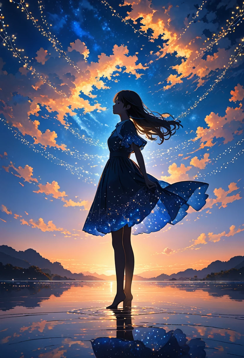 The image depicts a silhouette of a girl standing against a stunning sunset background. The sky transitions from a deep White, near the horizon to a deep Electric blue as it ascends. The figure appears to be enveloped in a series of tiny glowing fairy lights, some of which are illuminated, creating a stunning and captivating contrast to the dark silhouette. The figure appears to be holding out one arm, perhaps adjusting to or interacting with the lights. The overall mood of the image is peaceful and magical.