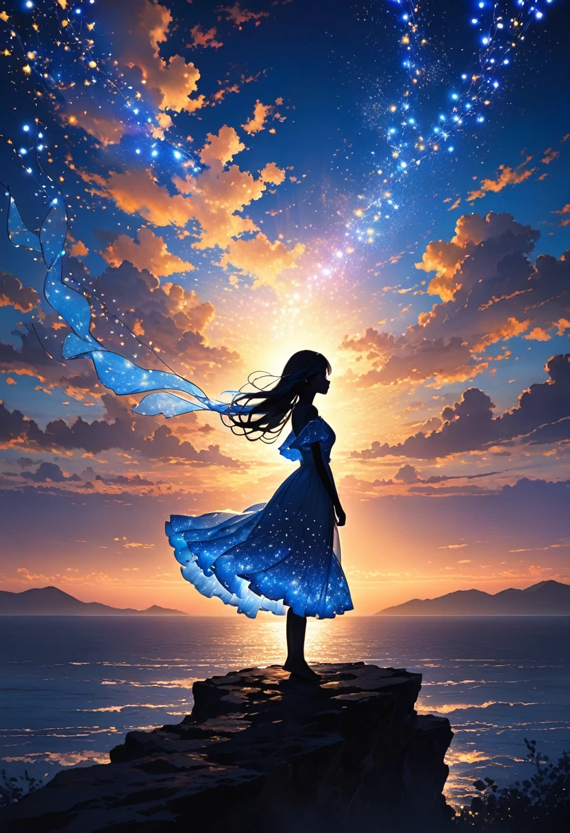 The image depicts a silhouette of a girl standing against a stunning sunset background. The sky transitions from a deep White, near the horizon to a deep Electric blue as it ascends. The figure appears to be enveloped in a series of tiny glowing fairy lights, some of which are illuminated, creating a stunning and captivating contrast to the dark silhouette. The figure appears to be holding out one arm, perhaps adjusting to or interacting with the lights. The overall mood of the image is peaceful and magical.