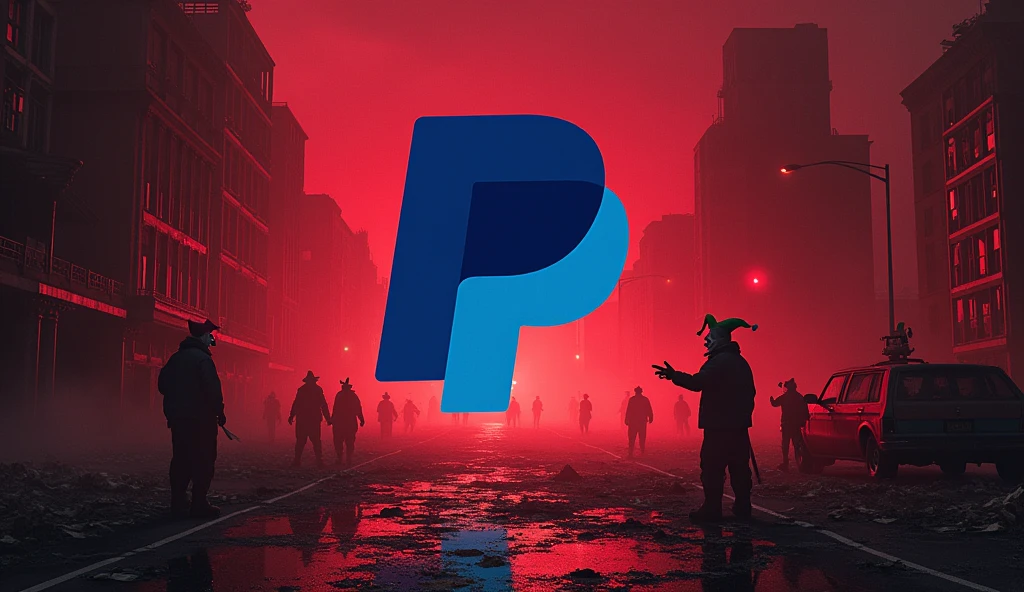 PayPal 3D logo in a devastated city at night with mafia clowns, money flying, corruption, dark red lights