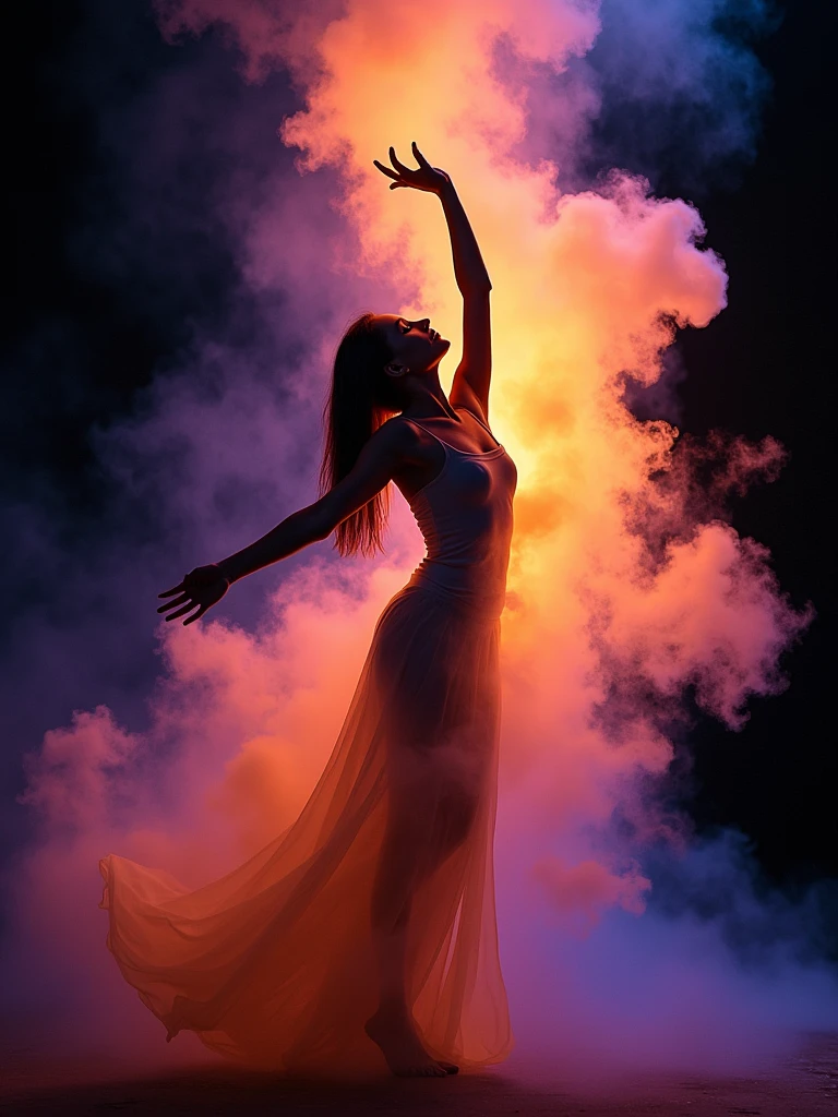 A photo of a beautiful woman dancer enveloped in vibrant, swirling flames and smoke. The dancer is captured in a dynamic pose, with one arm reaching upwards and the other extended outward. The flames and smoke display a myriad of colors, including hues of orange, purple, and blue, creating an ethereal and intense visual effect. The background is dark, which accentuates the luminosity of the flames and smoke, making the dancer the central focus.