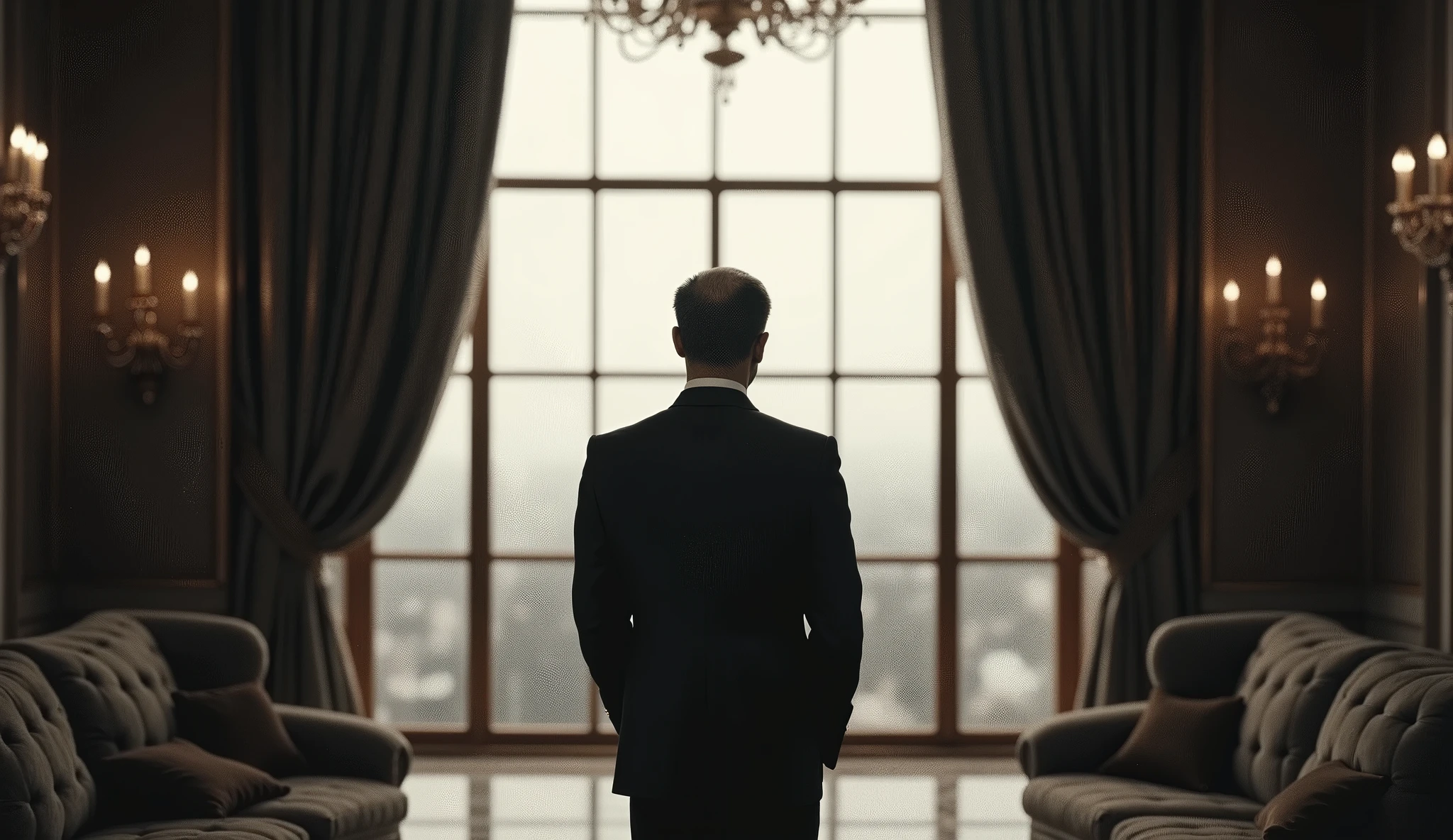 A somber old photograph of the Shah of Iran in his final moments before leaving the country. The Shah, dressed in an immaculate suit, stands alone by a large window in the palace, looking out over the city. His face reflects sorrow and contemplation. The luxurious room contrasts with the cold, empty atmosphere, and the photograph’s grainy quality adds to the sense of isolation and the historic nature of the moment.