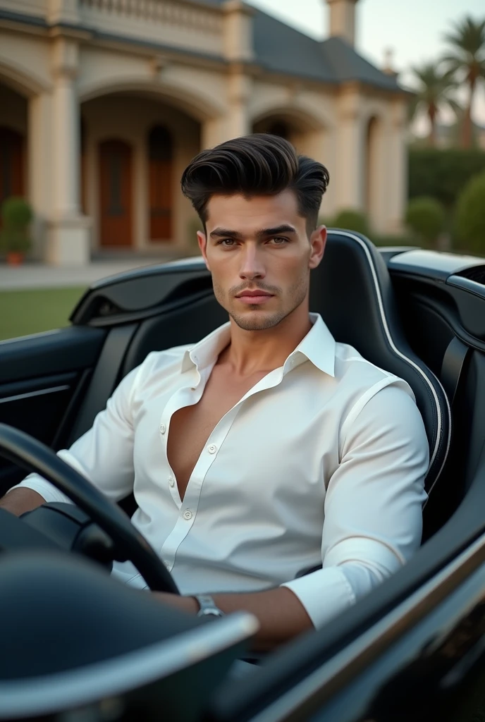 a beatifull man of 2 with a fair soft white skin with and puff of hair with black colour hair style wear a white shirt and sitting on driving seat of black buggati and car infront of luxury house