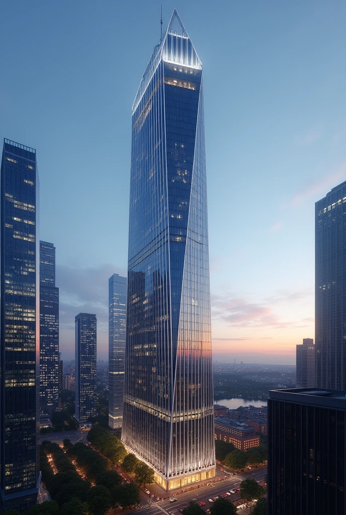 Make a 130 story skyscraper in NYC that has huge windows and that has long tiles that light up at night. Make it thinner and make the top into a pyramid like shape(only the top though). Make it more thinner and make sure the antenna at the top is a different shape and color. Make it in a corner and do NOT make it look like the Empire State Building. Give a unique shape that the top looks like a pyramid. Make it face Central Park and make it very thin. As taller it gets, make the floors smaller