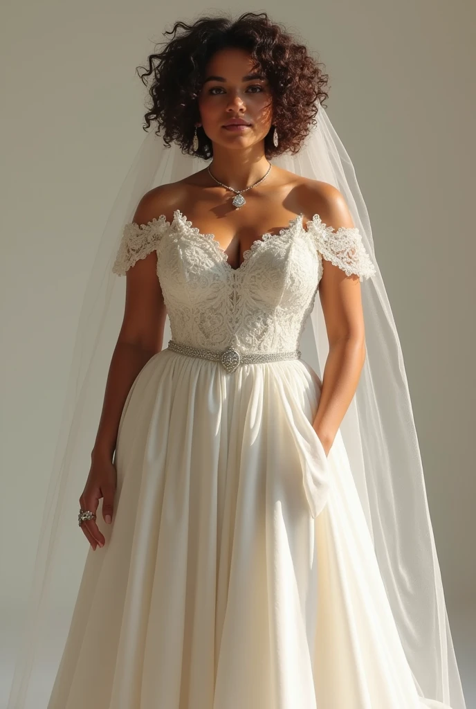 a young white woman with very short brown curly hair, religious with a curved body, tall Brazilian from Bahia in a wedding dress without lace 