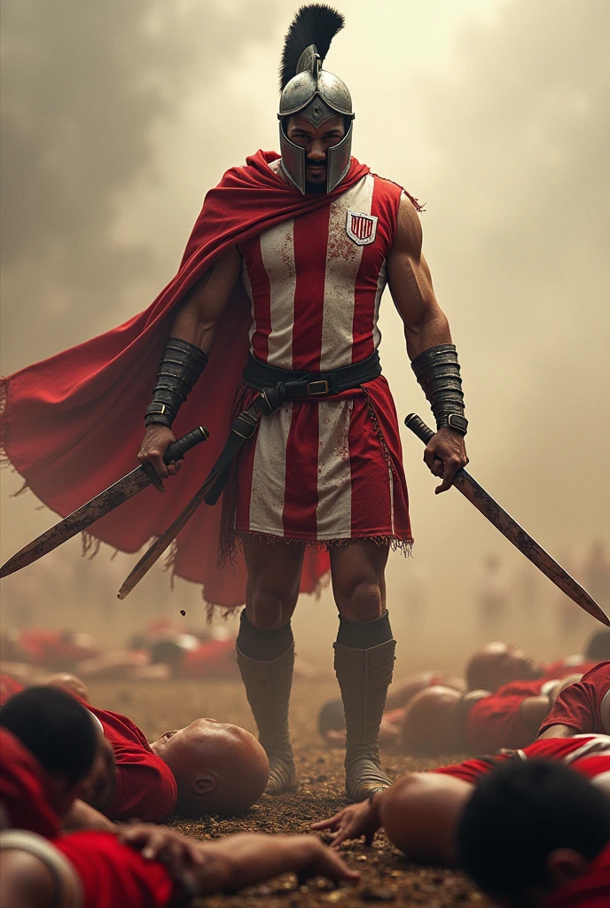 Gladiator with helmet and swords dressed in red and white striped sports shirt over many dead lawyers dressed in red and black sports shirts