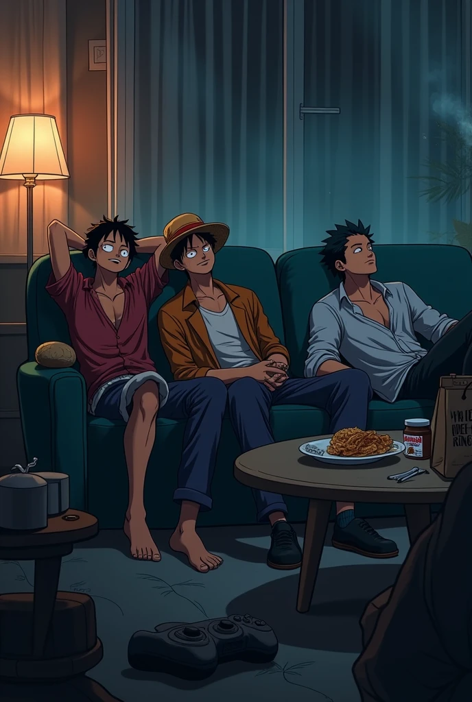 Une photo des personnages de one piece : Luffy, Zoro et barbe blanche ensemble dans un salon en train de dormir allongés chacun sur un canapé, les yeux fermés.. Pas loin d’eux, sur une table, un cendrier avec une cigarette allumée et la pièce remplie de fumée. Sur la table, des restes de crêpes, un pot de Nutella et des manettes de Nintendo Switch posées sur la table également.. Sur le sol, un sac provenant d’une commande Uber.. Ces personnages se trouvent devant le film du Seigneur des Anneaux sur une télévision. C’est la nuit.