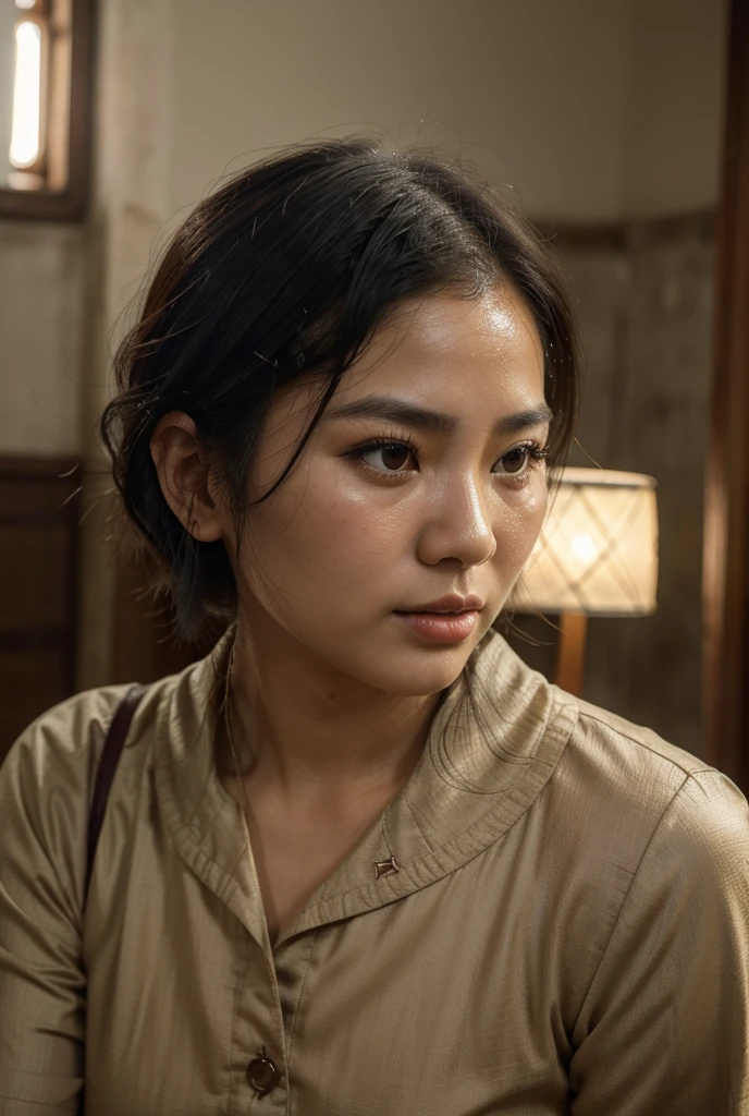 1girl, beautiful detailed female vietcong woman, young, vietnam, southeast asia, southeast asian face, voluptuous, curvaceous, short, thicc, thick thighs, natural, natural lashes, no makeup, glistening sweat, cute face, tiny nose, light skin, small eyes, traditional clothing, arafed woman, vietnamese farmer, vietnam harvest, vietnam rural travel, vietnamese woman, traditional vietnam, rural vietnam, in bed, makeshift bed, fields, impoverished, disheveled, farmer, farming, messy thick luscious hair, jet black hair, tied short hair, short hair, traditional hairstyle, cute hairstyle, cute haircut, detailed face, penetrating eyes, beautiful detailed lips, extremely detailed skin, detailed clothing, colorful clothing, (best quality,4k,8k,highres,masterpiece:1.2),ultra-detailed,(realistic,photorealistic,photo-realistic:1.37), natural lighting, warm color tones, cinematic composition