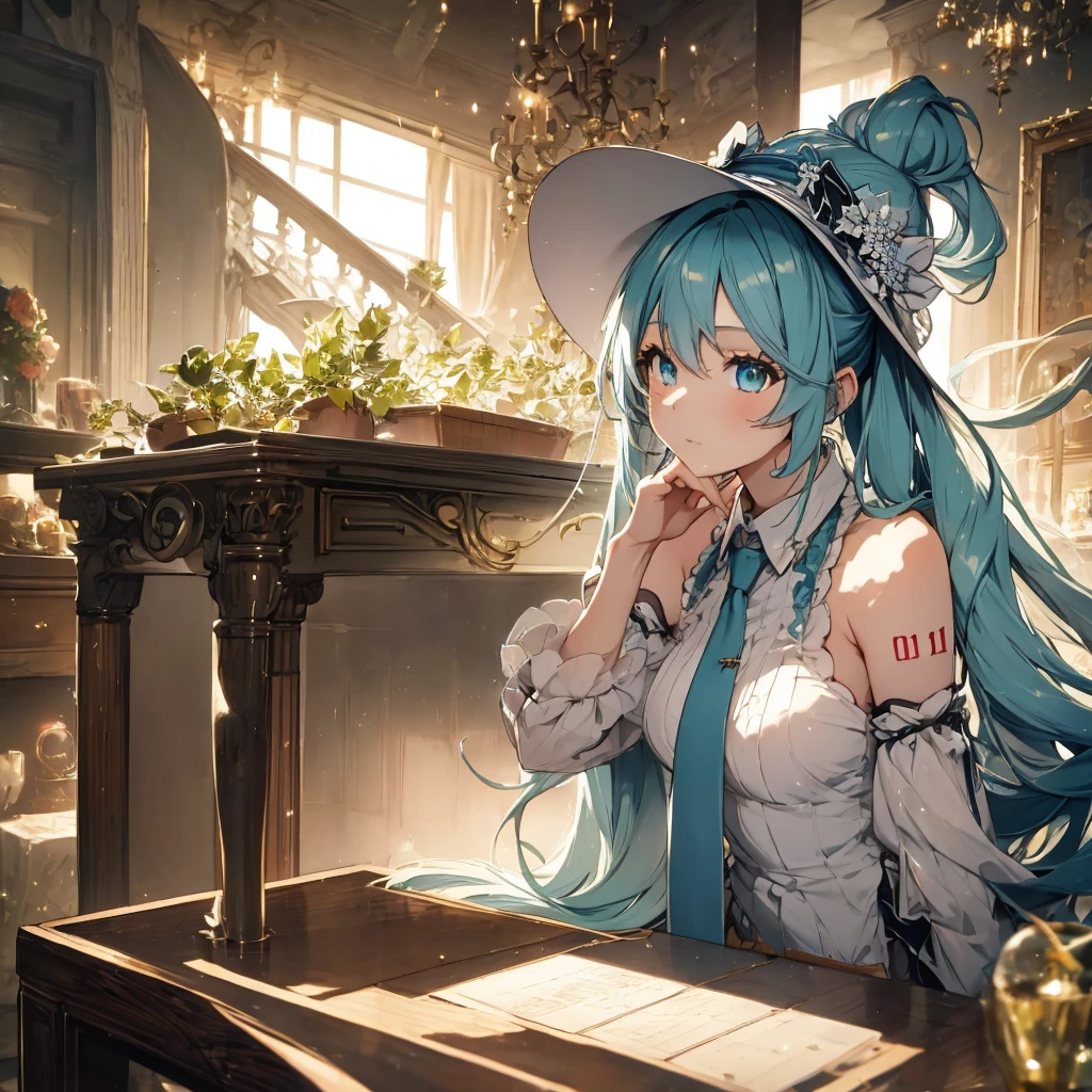 a beautiful detailed girl with long blue hair, Hatsune Miku, wearing a witch hat, sitting at a table playing a tabletop RPG, rolling dice, intricate details, fantasy, magical, warm lighting, vibrant colors, photorealistic, 8k, hyperdetailed showing the table from the front