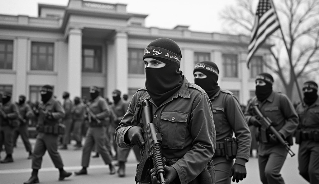 An old photograph depicting the moment Iranian revolutionary guards entered the U.S. Embassy in Tehran during the hostage crisis. The guards, wearing military fatigues and headbands with revolutionary slogans, are captured forcefully entering the embassy grounds. The building is detailed with the American flag being lowered in the background. The grainy, slightly faded image reflects the tension and gravity of the event, captured with the cameras of the time.
