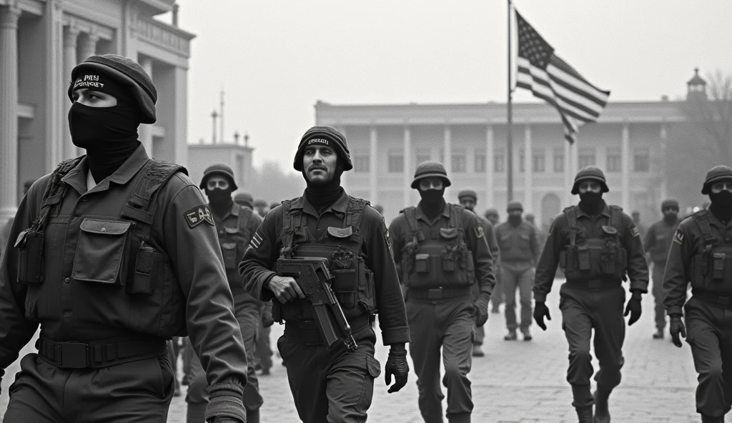 An old photograph depicting the moment Iranian revolutionary guards entered the U.S. Embassy in Tehran during the hostage crisis. The guards, wearing military fatigues and headbands with revolutionary slogans, are captured forcefully entering the embassy grounds. The building is detailed with the American flag being lowered in the background. The grainy, slightly faded image reflects the tension and gravity of the event, captured with the cameras of the time.