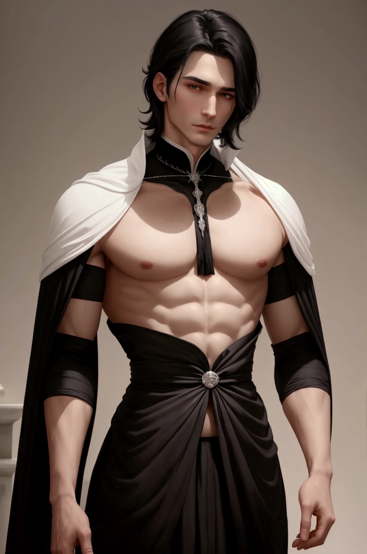 Androgynous boy wearing a black robe, Incarnation of a Deity related to the moon, joias de pedra roxa, arte assombrosamente bela, Corujas, RPG, fantasia, longos cabelos, Estilo anime, Perfect lips, pele de porcelana, HDR, UHD, 64 mil, studio lighting, realista, hyper realistic, simetrical face, Motor irreal, Bokeh, high - resolution scan